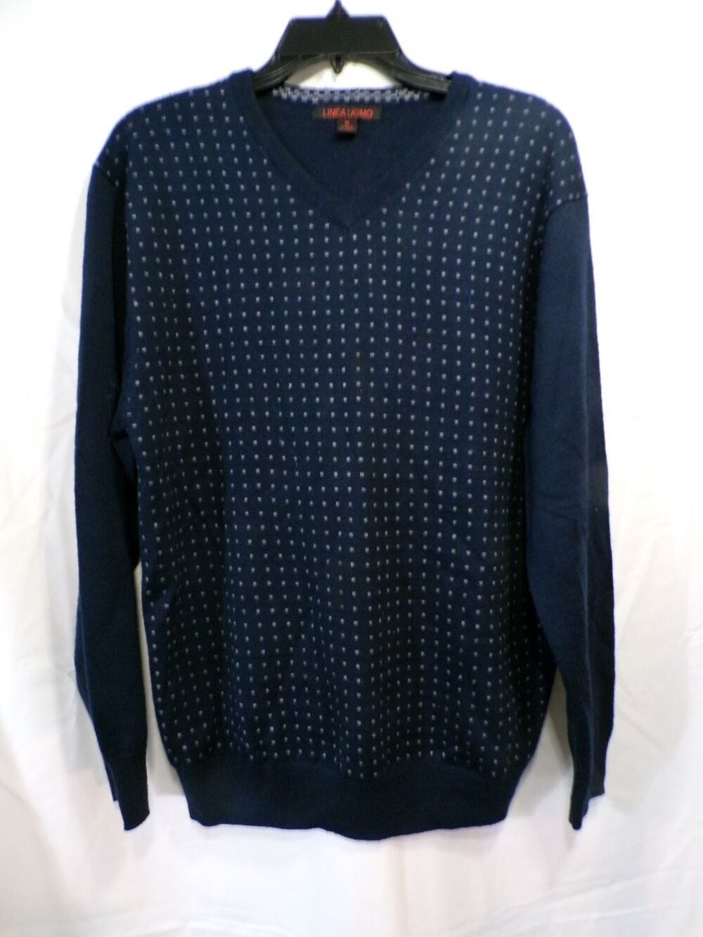 Linea Uomo Men's M Navy V-Neck Sweater Micro Dot Wool Acrylic Pullover